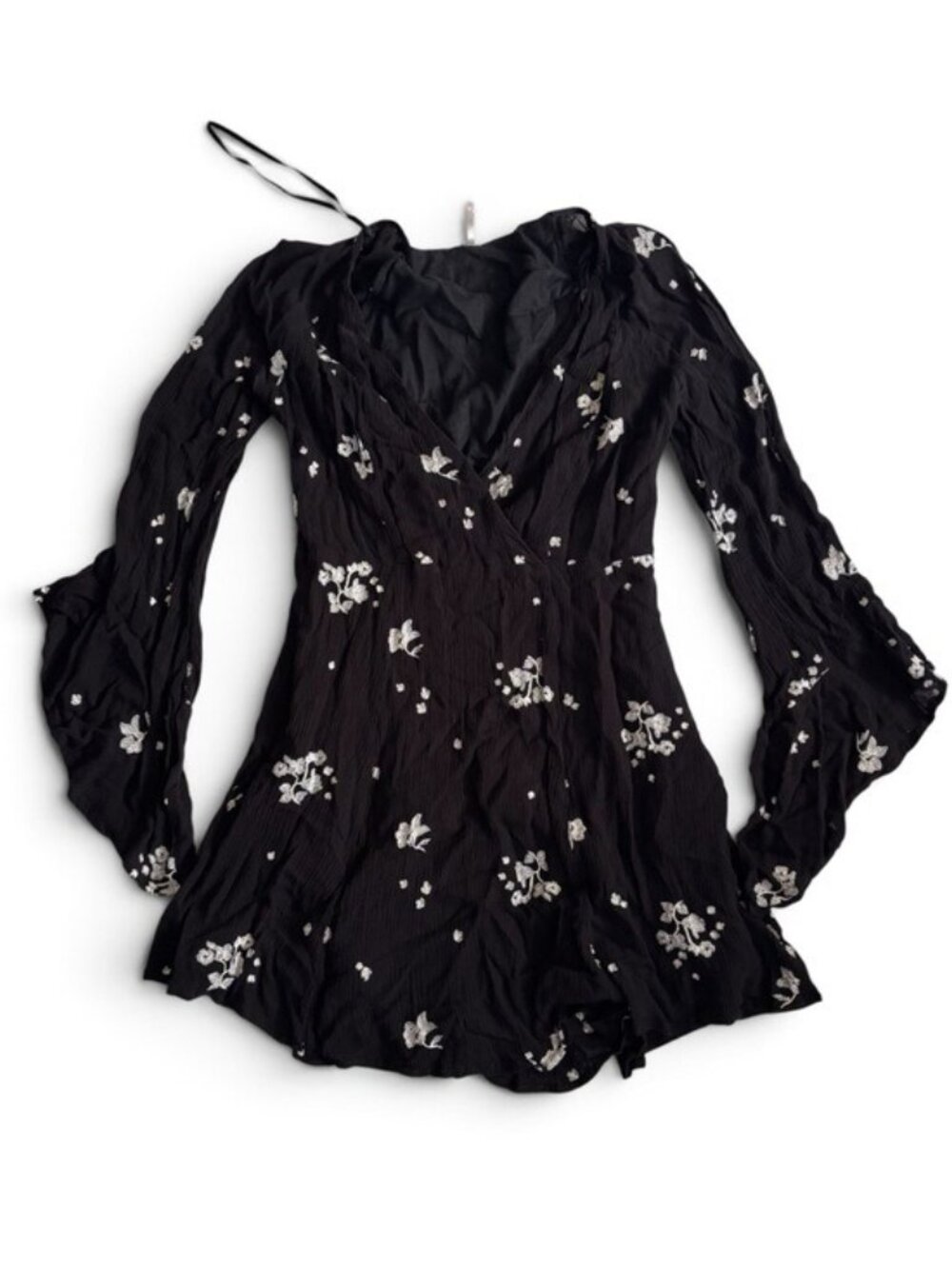 Free People Black with White Applique Flower Bell Sleeve Dress - 8
